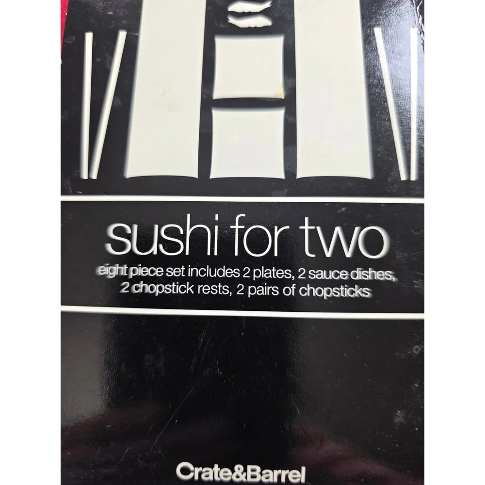 Crate & Barrel Sushi for Two 8 Piece Set White Ceramic Fish Plates Chopstick NEW